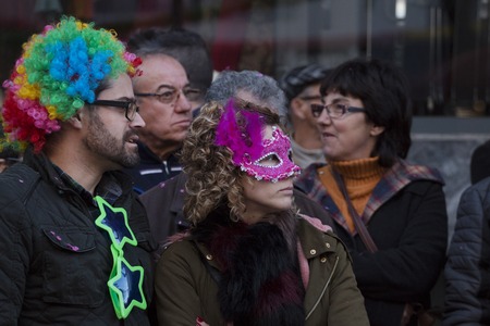 LOULE, PORTUGAL - FEB 2018: Colorful Carnival (Carnaval) Parade festival participants on Loule city, Portugal.のeditorial素材