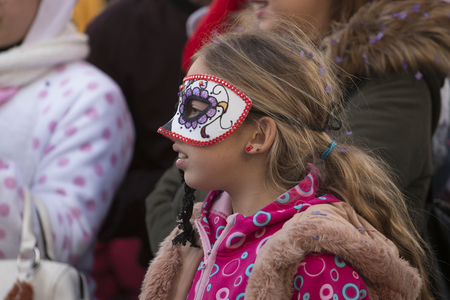 LOULE, PORTUGAL - FEB 2018: Colorful Carnival (Carnaval) Parade festival participants on Loule city, Portugal.のeditorial素材