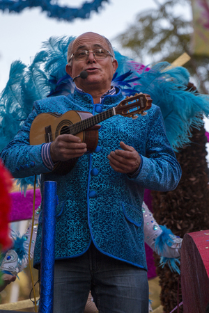 LOULE, PORTUGAL - FEB 2018: Colorful Carnival (Carnaval) Parade festival participants on Loule city, Portugal.のeditorial素材