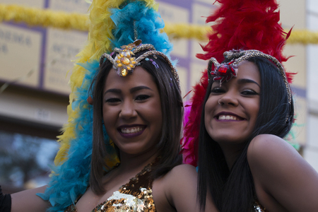 LOULE, PORTUGAL - FEB 2018: Colorful Carnival (Carnaval) Parade festival participants on Loule city, Portugal.のeditorial素材