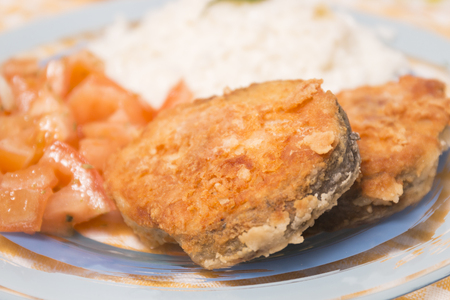 Fried hake fish with rice and tomato salad.の写真素材