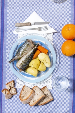 Traditional portuguese meal of mackerel fish with potato and carrot.の写真素材