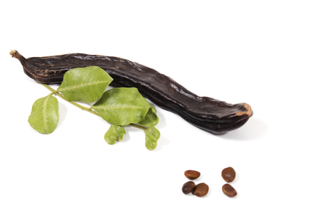carob fruits with leafs isolated over a white background.の写真素材