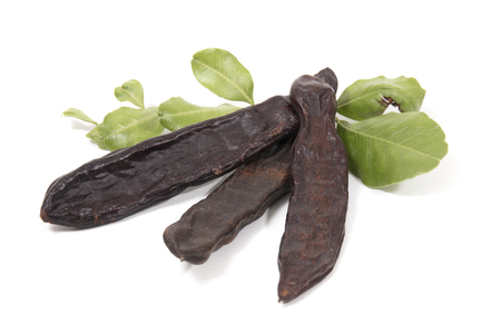 carob fruits with leafs isolated over a white background.の写真素材