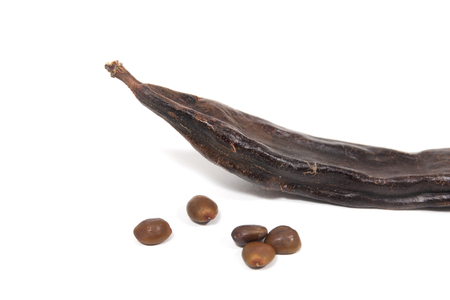 carob fruits with leafs isolated over a white background.の写真素材