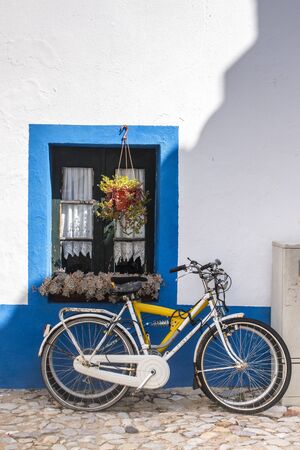 Typical european view of a bicycle parked near house painted with blue and flower vases.の写真素材