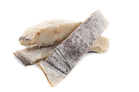 Close up view of a portuguese salted codfish isolated on white background.