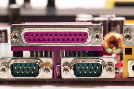 Close view of the main computer input output connections in the back panel.の写真素材