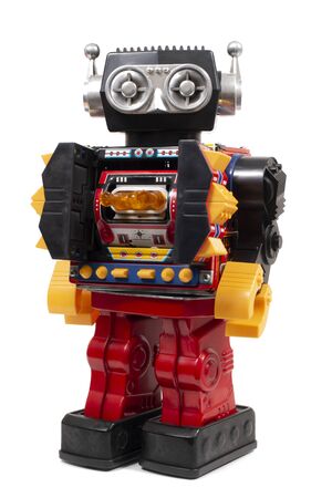 Vintage tin robot toy isolated on a white background.の写真素材