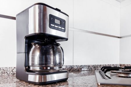 Close up view of a silver home coffee machine.の写真素材