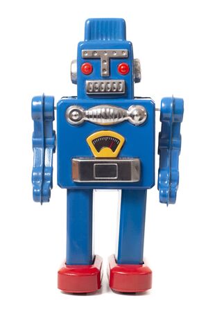 Vintage tin robot toy isolated on a white background.の写真素材