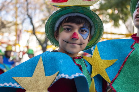 LOULE, PORTUGAL - MAR 2019: Colorful Carnival (Carnaval) Parade festival participants on Loule city, Portugal.のeditorial素材