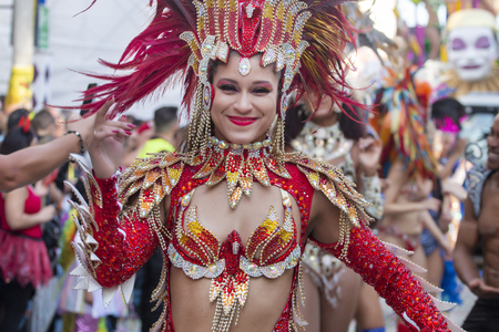 LOULE, PORTUGAL - MAR 2019: Colorful Carnival (Carnaval) Parade festival participants on Loule city, Portugal.のeditorial素材