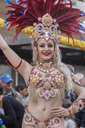 LOULE, PORTUGAL - MAR 2019: Colorful Carnival (Carnaval) Parade festival participants on Loule city, Portugal.のeditorial素材