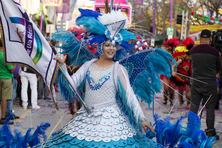 LOULE, PORTUGAL - MAR 2019: Colorful Carnival (Carnaval) Parade festival participants on Loule city, Portugal.のeditorial素材