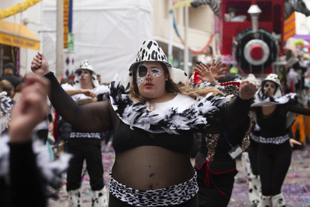 LOULE, PORTUGAL - MAR 2019: Colorful Carnival (Carnaval) Parade festival participants on Loule city, Portugal.のeditorial素材