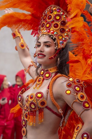 LOULE, PORTUGAL - MAR 2019: Colorful Carnival (Carnaval) Parade festival participants on Loule city, Portugal.のeditorial素材