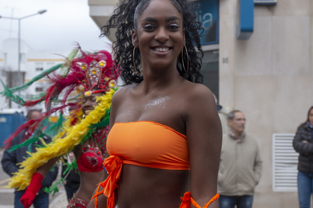 LOULE, PORTUGAL - MAR 2019: Colorful Carnival (Carnaval) Parade festival participants on Loule city, Portugal.のeditorial素材