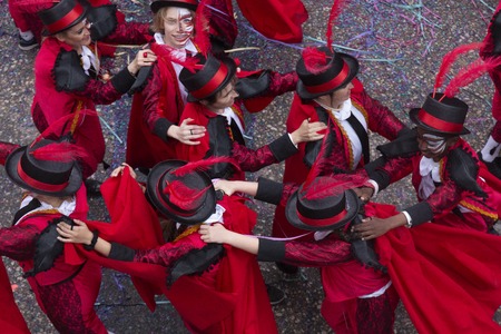 LOULE, PORTUGAL - MAR 2019: Colorful Carnival (Carnaval) Parade festival participants on Loule city, Portugal.のeditorial素材