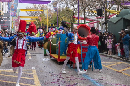LOULE, PORTUGAL - MAR 2019: Colorful Carnival (Carnaval) Parade festival participants on Loule city, Portugal.のeditorial素材