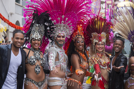 LOULE, PORTUGAL - MAR 2019: Colorful Carnival (Carnaval) Parade festival participants on Loule city, Portugal.のeditorial素材