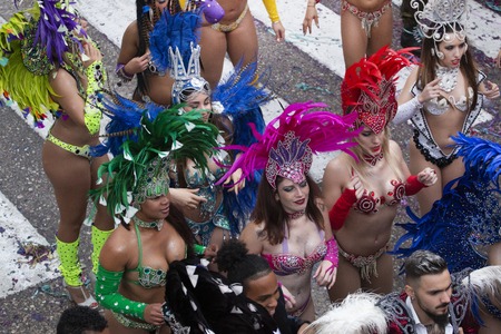 LOULE, PORTUGAL - MAR 2019: Colorful Carnival (Carnaval) Parade festival participants on Loule city, Portugal.のeditorial素材