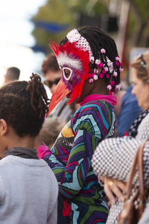 LOULE, PORTUGAL - MAR 2019: Colorful Carnival (Carnaval) Parade festival participants on Loule city, Portugal.のeditorial素材