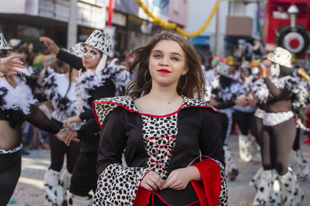 LOULE, PORTUGAL - MAR 2019: Colorful Carnival (Carnaval) Parade festival participants on Loule city, Portugal.のeditorial素材