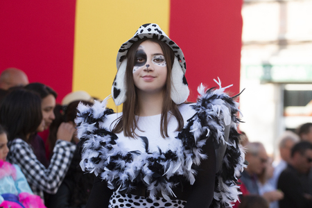 LOULE, PORTUGAL - MAR 2019: Colorful Carnival (Carnaval) Parade festival participants on Loule city, Portugal.のeditorial素材