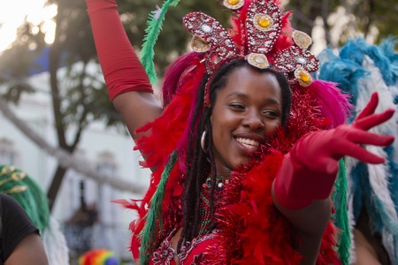 LOULE, PORTUGAL - MAR 2019: Colorful Carnival (Carnaval) Parade festival participants on Loule city, Portugal.のeditorial素材