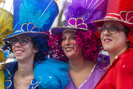 LOULE, PORTUGAL - MAR 2019: Colorful Carnival (Carnaval) Parade festival participants on Loule city, Portugal.のeditorial素材