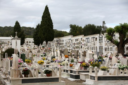 SAO BRAS DE ALPORTEL, PORTUGAL: 7th of November, 2018 - Wide view of a cemetary with tombs, crypts and flowers.のeditorial素材