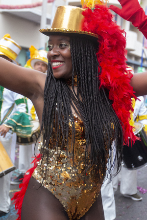 LOULE, PORTUGAL - MAR 2019: Colorful Carnival (Carnaval) Parade festival participants on Loule city, Portugal.のeditorial素材