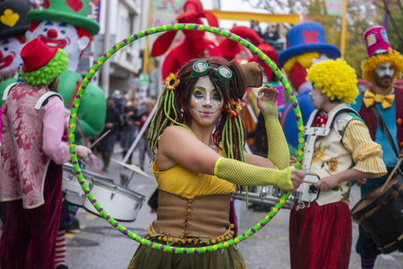 LOULE, PORTUGAL - MAR 2019: Colorful Carnival (Carnaval) Parade festival participants on Loule city, Portugal.のeditorial素材