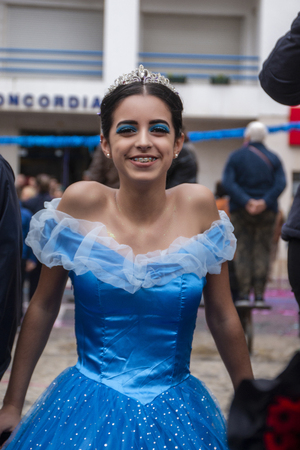 LOULE, PORTUGAL - MAR 2019: Colorful Carnival (Carnaval) Parade festival participants on Loule city, Portugal.のeditorial素材