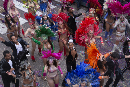 LOULE, PORTUGAL - MAR 2019: Colorful Carnival (Carnaval) Parade festival participants on Loule city,...
