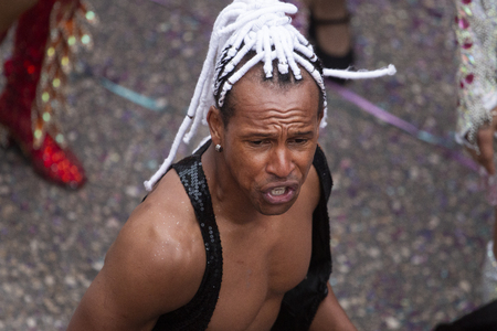 LOULE, PORTUGAL - MAR 2019: Colorful Carnival (Carnaval) Parade festival participants on Loule city, Portugal.のeditorial素材