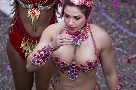 LOULE, PORTUGAL - MAR 2019: Colorful Carnival (Carnaval) Parade festival participants on Loule city, Portugal.のeditorial素材