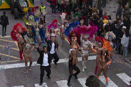 LOULE, PORTUGAL - MAR 2019: Colorful Carnival (Carnaval) Parade festival participants on Loule city, Portugal.のeditorial素材