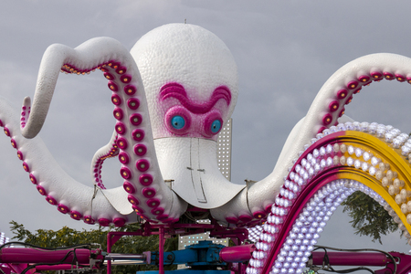 FARO, PORTUGAL - OCTOBER  2018: Fun fair event Santa Iria with games, street food, ferry wheels, bumper cars and many diverse activities.のeditorial素材