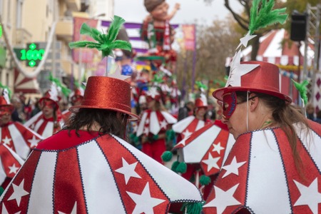 LOULE, PORTUGAL - MAR 2019: Colorful Carnival (Carnaval) Parade festival participants on Loule city, Portugal.のeditorial素材