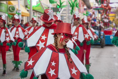 LOULE, PORTUGAL - MAR 2019: Colorful Carnival (Carnaval) Parade festival participants on Loule city, Portugal.のeditorial素材