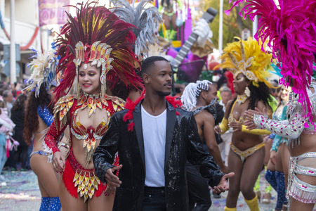 LOULE, PORTUGAL - MAR 2019: Colorful Carnival (Carnaval) Parade festival participants on Loule city, Portugal.のeditorial素材
