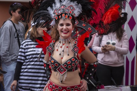 LOULE, PORTUGAL - MAR 2019: Colorful Carnival (Carnaval) Parade festival participants on Loule city, Portugal.のeditorial素材