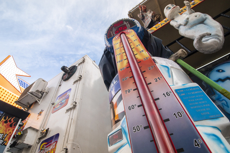 FARO, PORTUGAL - OCTOBER  2018: Fun fair event Santa Iria with games, street food, ferry wheels, bumper cars and many diverse activities.のeditorial素材