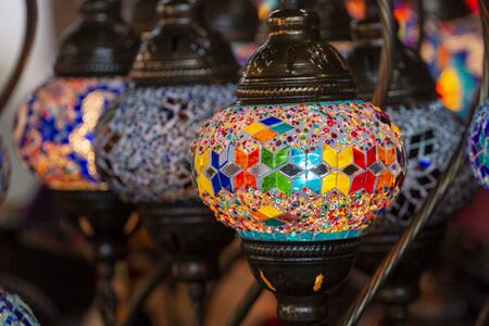 Close up view of a colorful traditional moroccan lamp.