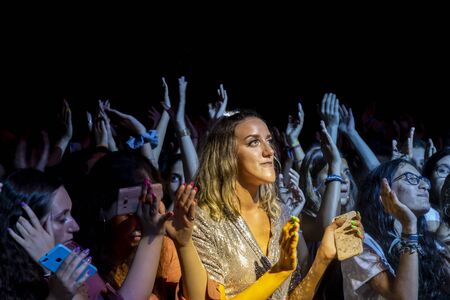 FARO, PORTUGAL: 5th SEPTEMBER, 2019 - Audience watch music artist on  Festival F, a big festival on the city of Faro, Portugal.のeditorial素材