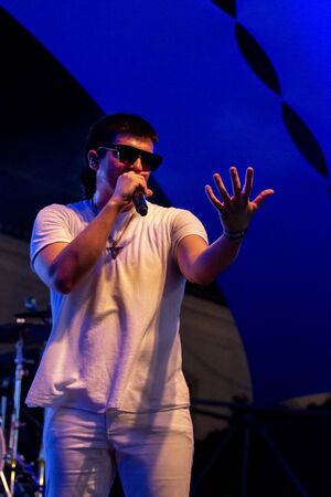 FARO, PORTUGAL: 5th SEPTEMBER, 2019 - Rapper Profjam, performs on Festival F, a big festival on the city of Faro, Portugal.のeditorial素材