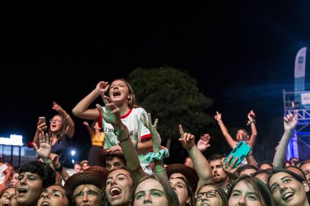 FARO, PORTUGAL: 5th SEPTEMBER, 2019 - Audience watch music artist on  Festival F, a big festival on...