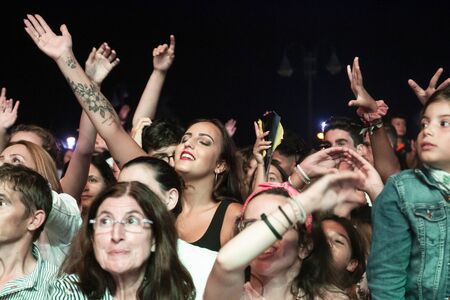 FARO, PORTUGAL: 5th SEPTEMBER, 2019 - Audience watch music artist on  Festival F, a big festival on...